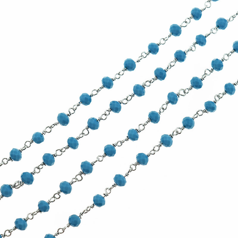 BULK Beaded Rosary Chain - 6mm Blue Glass & Silver Tone Brass - Choose Your Length - 1 meter + - RC020
