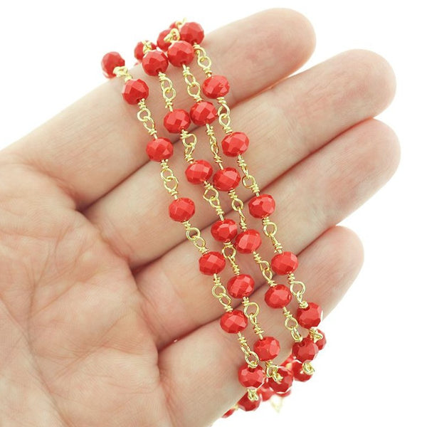 BULK Beaded Rosary Chain - 6mm Ruby Red Glass & Gold Tone Brass - Choose Your Length - 1 meter + - RC021