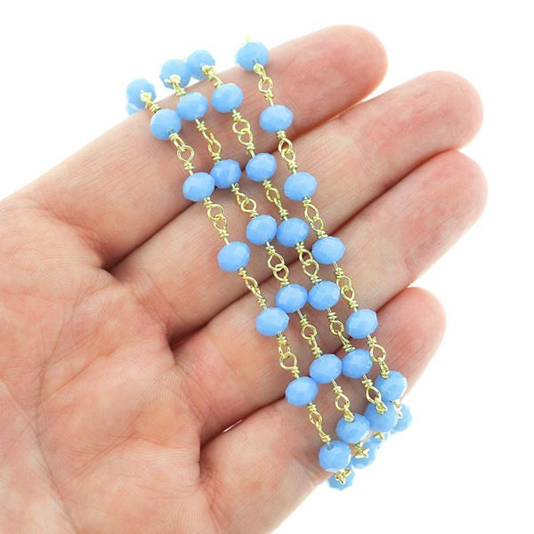 BULK Beaded Rosary Chain - 6mm Blue Glass & Gold Tone Brass - Choose Your Length - 1 meter + - RC022