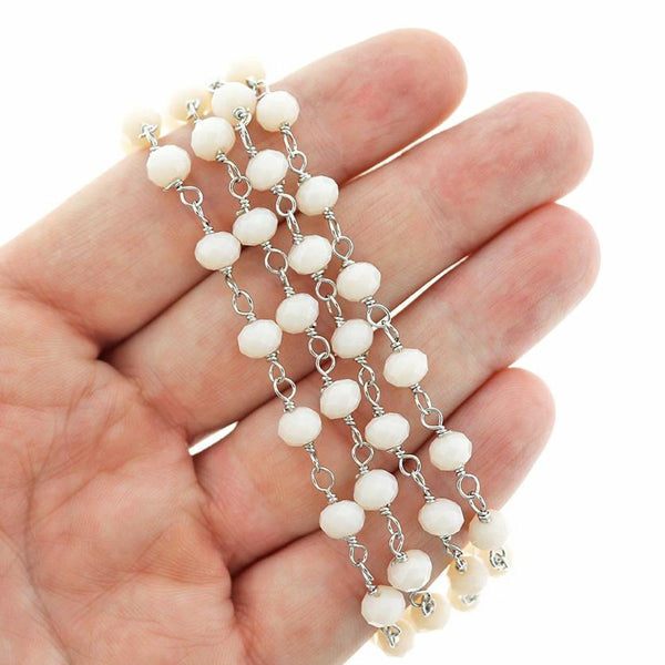 BULK Beaded Rosary Chain - 6mm White Glass & Silver Tone Brass - Choose Your Length - 1 meter + - RC025