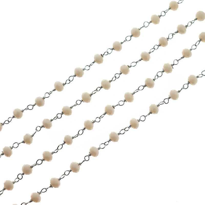BULK Beaded Rosary Chain - 6mm White Glass & Silver Tone Brass - Choose Your Length - 1 meter + - RC025