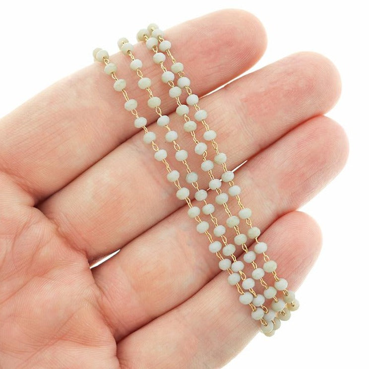 BULK Beaded Rosary Chain - 3mm Faceted Grey Glass & Gold Tone Brass - Choose Your Length - 1 meter + - RC026
