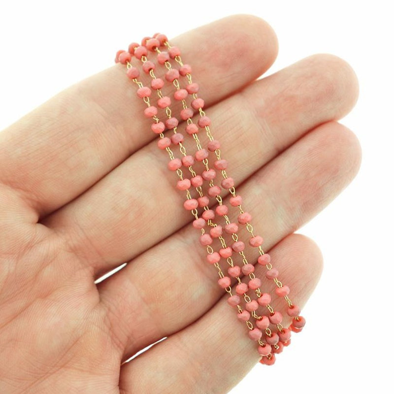 BULK Beaded Rosary Chain - 3mm Faceted Coral Glass & Gold Tone Brass - Choose Your Length - 1 meter + - RC027