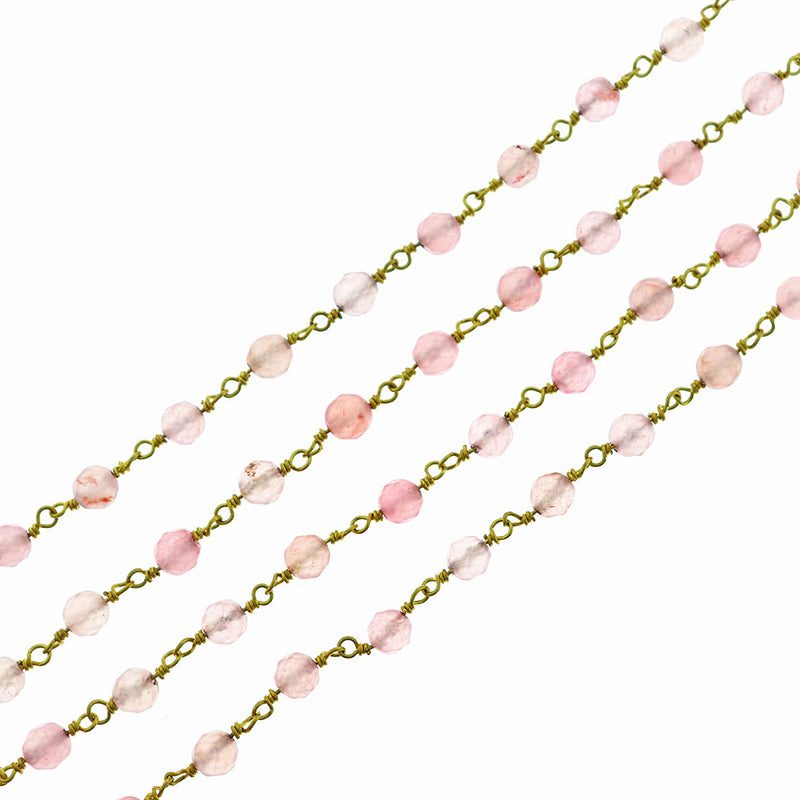 BULK Beaded Rosary Chain - 6mm Natural Rose Quartz & Gold Tone Brass - Choose Your Length - 1 meter + - RC028