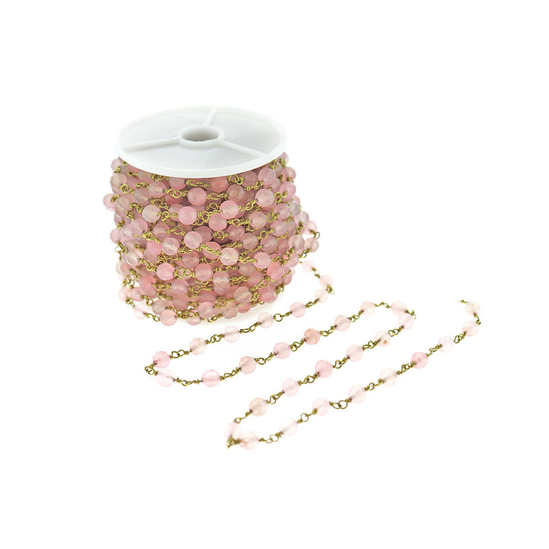 BULK Beaded Rosary Chain - 6mm Natural Rose Quartz & Gold Tone Brass - Choose Your Length - 1 meter + - RC028