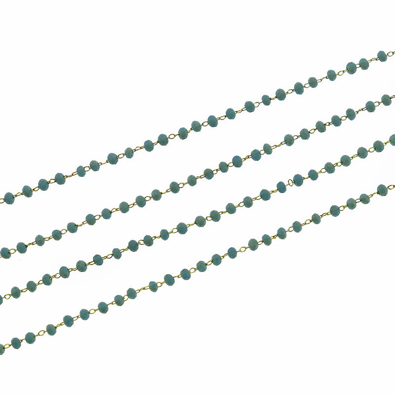 BULK Beaded Rosary Chain - 3mm Faceted Teal Glass & Gold Tone Brass - Choose Your Length - 1 meter + - RC029