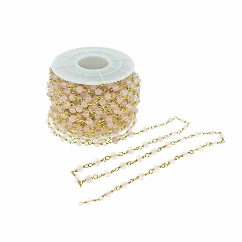 BULK Beaded Rosary Chain - 4mm Natural Rose Quartz & Gold Tone Brass - Choose Your Length - 1 meter + - RC030