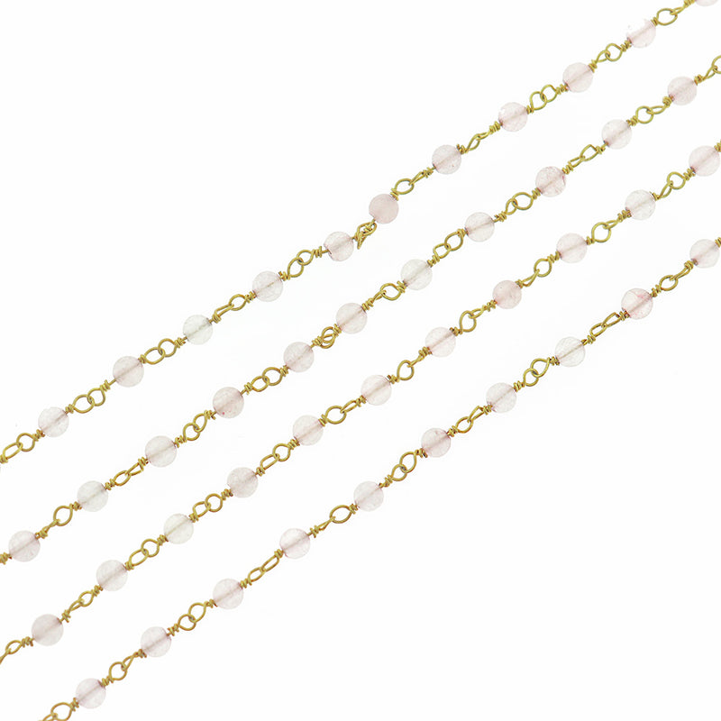 BULK Beaded Rosary Chain - 4mm Natural Rose Quartz & Gold Tone Brass - Choose Your Length - 1 meter + - RC030
