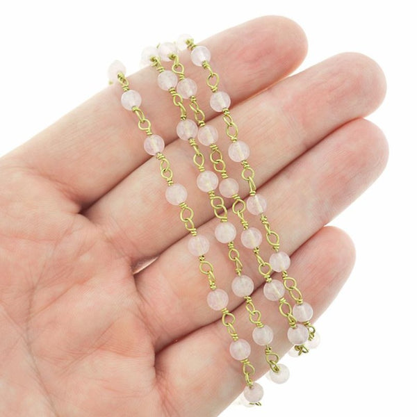 BULK Beaded Rosary Chain - 4mm Natural Rose Quartz & Gold Tone Brass - Choose Your Length - 1 meter + - RC030