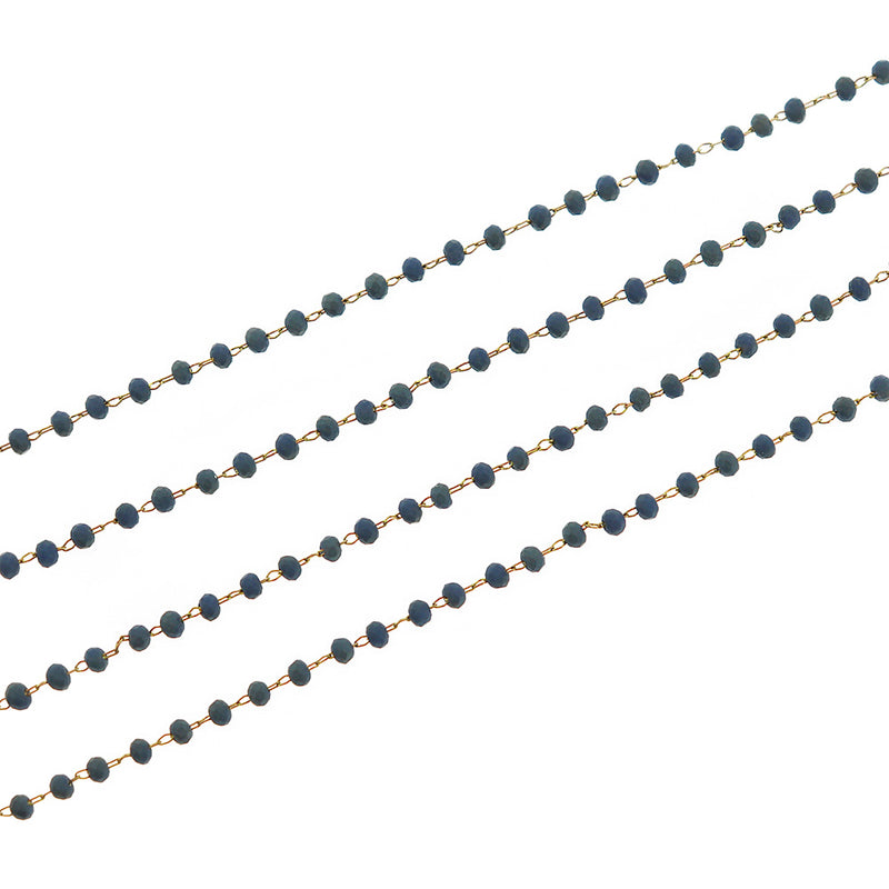 BULK Beaded Rosary Chain - 3mm Faceted Blue Glass & Gold Tone Brass - Choose Your Length - 1 meter + - RC031