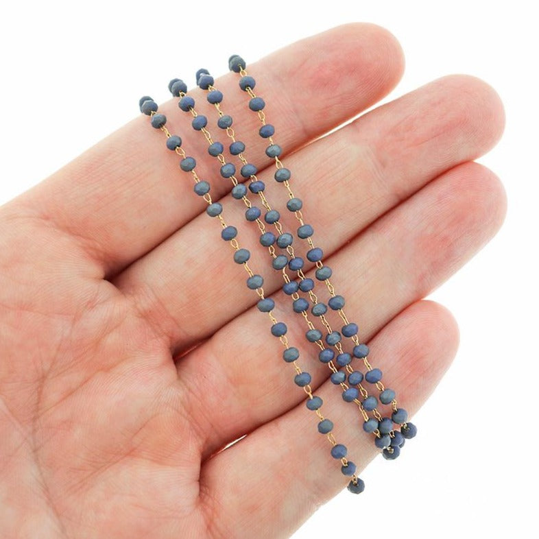 BULK Beaded Rosary Chain - 3mm Faceted Blue Glass & Gold Tone Brass - Choose Your Length - 1 meter + - RC031
