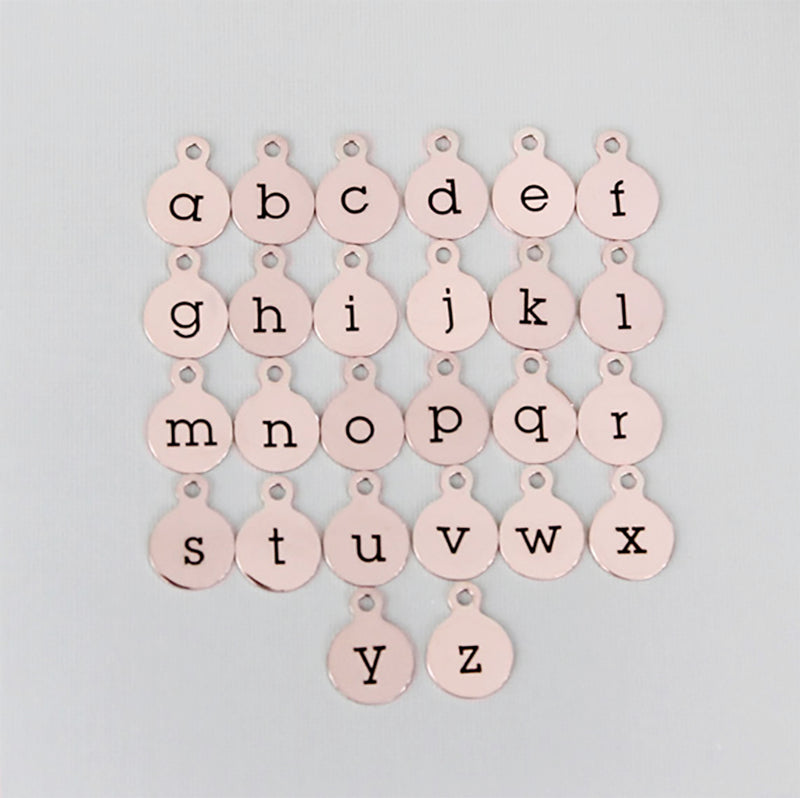 Rose Gold Stainless Steel Letter Charms - Full Alphabet 26 Letters - Lowercase Alphabet - 13mm With Loop - ALPHA1400BFSROGOLD