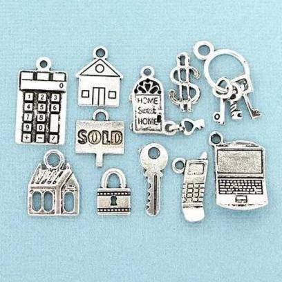 Real Estate Agent Charm Collection Antique Silver Tone 11 Different Charms - COL124