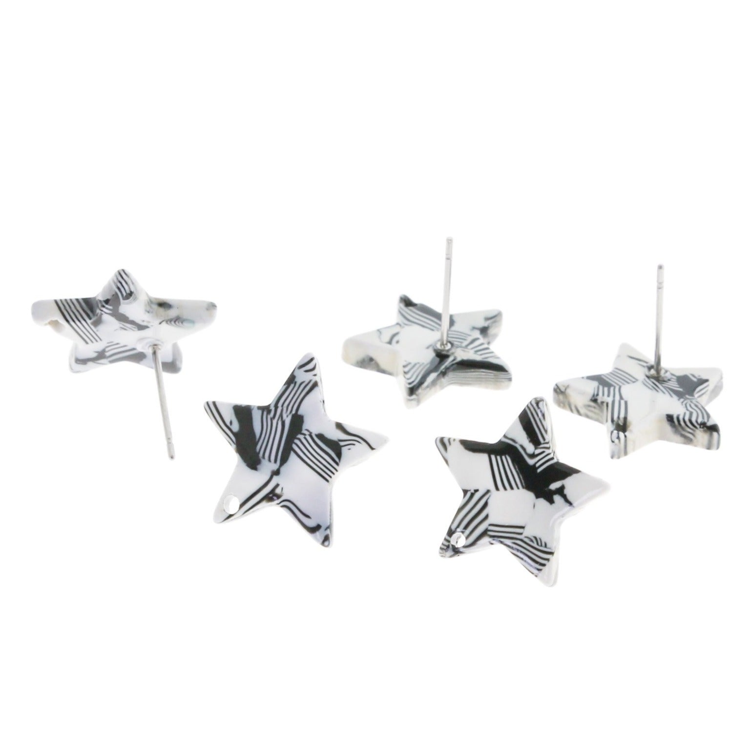 Boucles d'Oreilles Résine Acier Inoxydable - Clous Étoile Noir et Blanc - 17mm x 16.5mm - 2 Pièces 1 Paire - ER168