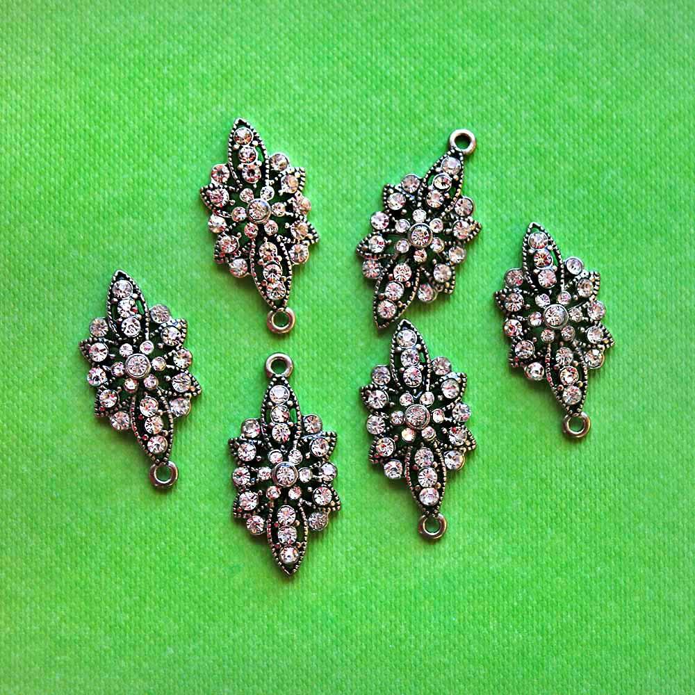 Rhinestone Filigree Antique Silver Tone Charm with Inset Rhinestones - SC1957