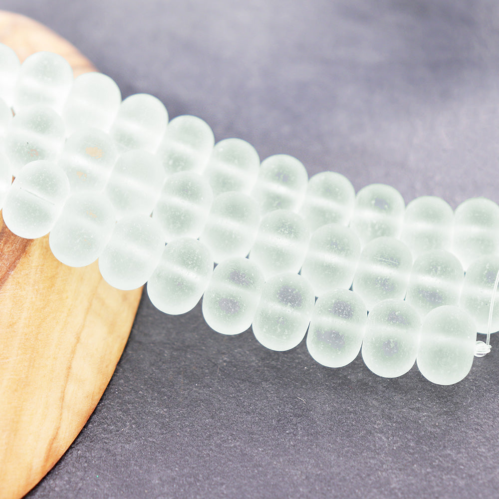 Rondelle Cultured Sea Glass Beads 10mm x 6mm - Frosted Light Green - 1 Strand 18 Beads - U081