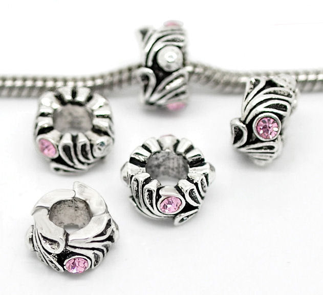 Rondelle Spacer Beads 12mm x 8mm - Silver Tone with Inset Rhinestones - 5 Beads - SC7757