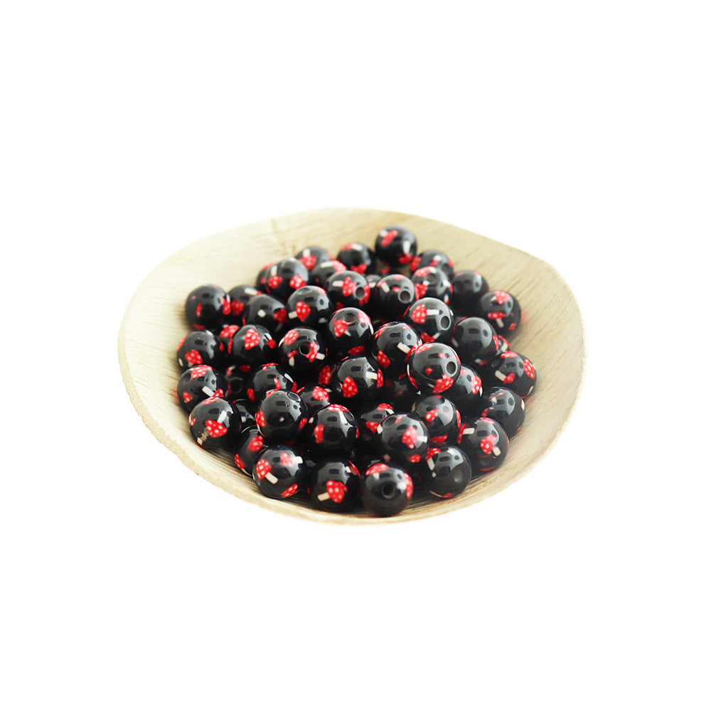 Round Acrylic Beads 10mm - Black with Mushroom - 10 Beads - BD1339