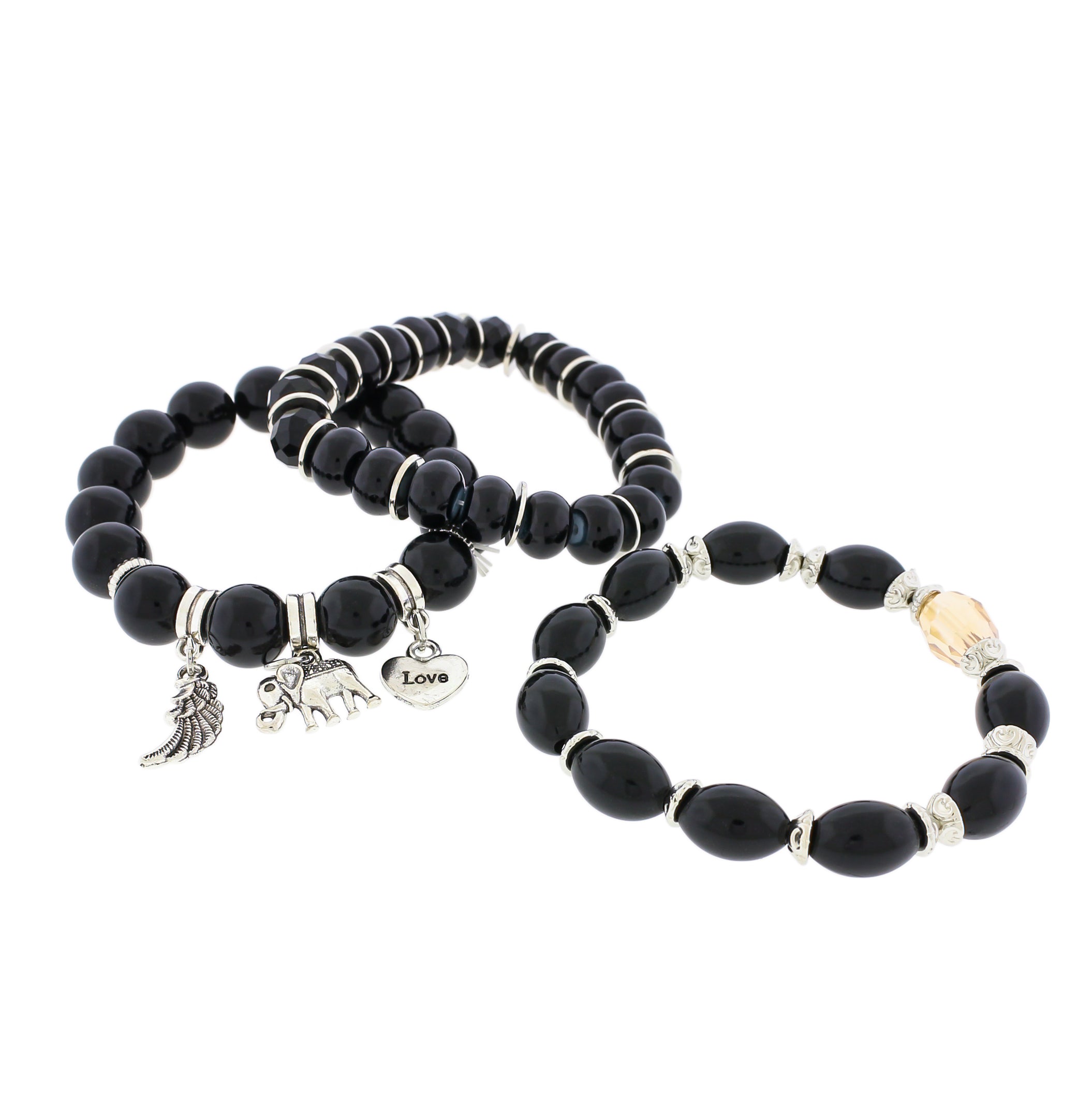 Pile de bracelets ronds en perles de verre - 81 mm - Noir avec breloques pendantes - 1 ensemble de 3 bracelets - BB162
