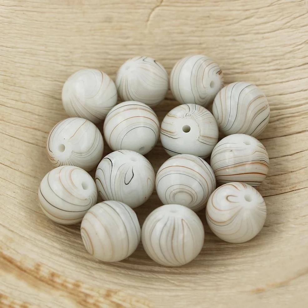 Round Glass Beads 12mm - Swirls of Beige White and Blue - 15 Beads - BD204