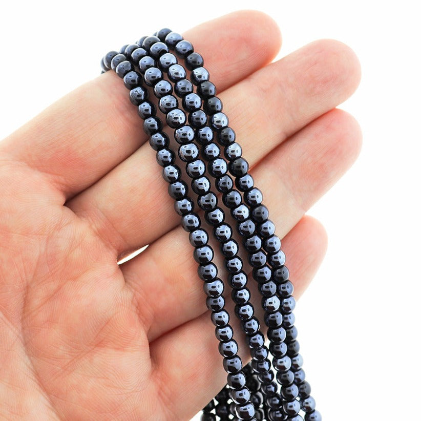 Round Glass Beads 4mm - Electroplated Black - 1 Strand 80 Beads - BD2537