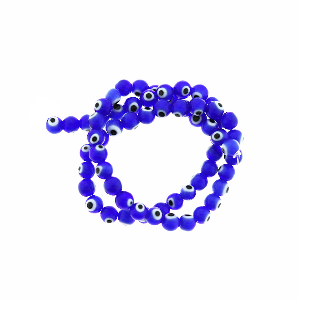 Round Glass Beads 6mm - Blue and White Evil Eye - 1 Strand 64 Beads - BD2334
