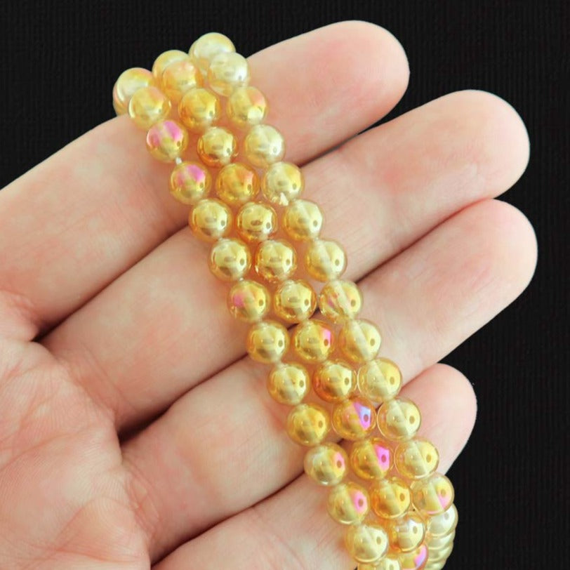 Round Glass Beads 6mm - Electroplated Yellow - 1 Strand 62 Beads - BD426