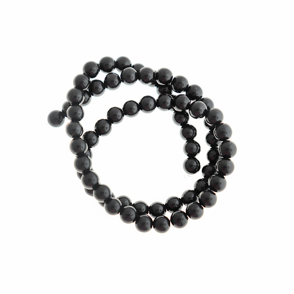 Round Glass Beads 6mm - Polished Black - 1 Strand 50 Beads - BD452