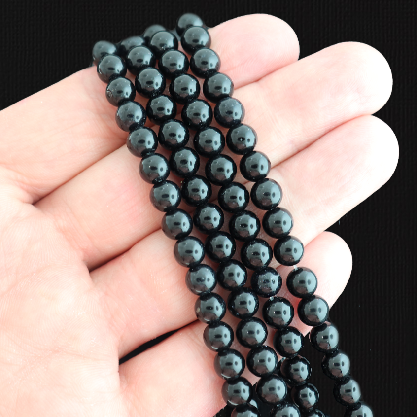 Perles de Verre Rondes 6mm - Noir Poli - 1 Rang 50 Perles - BD452