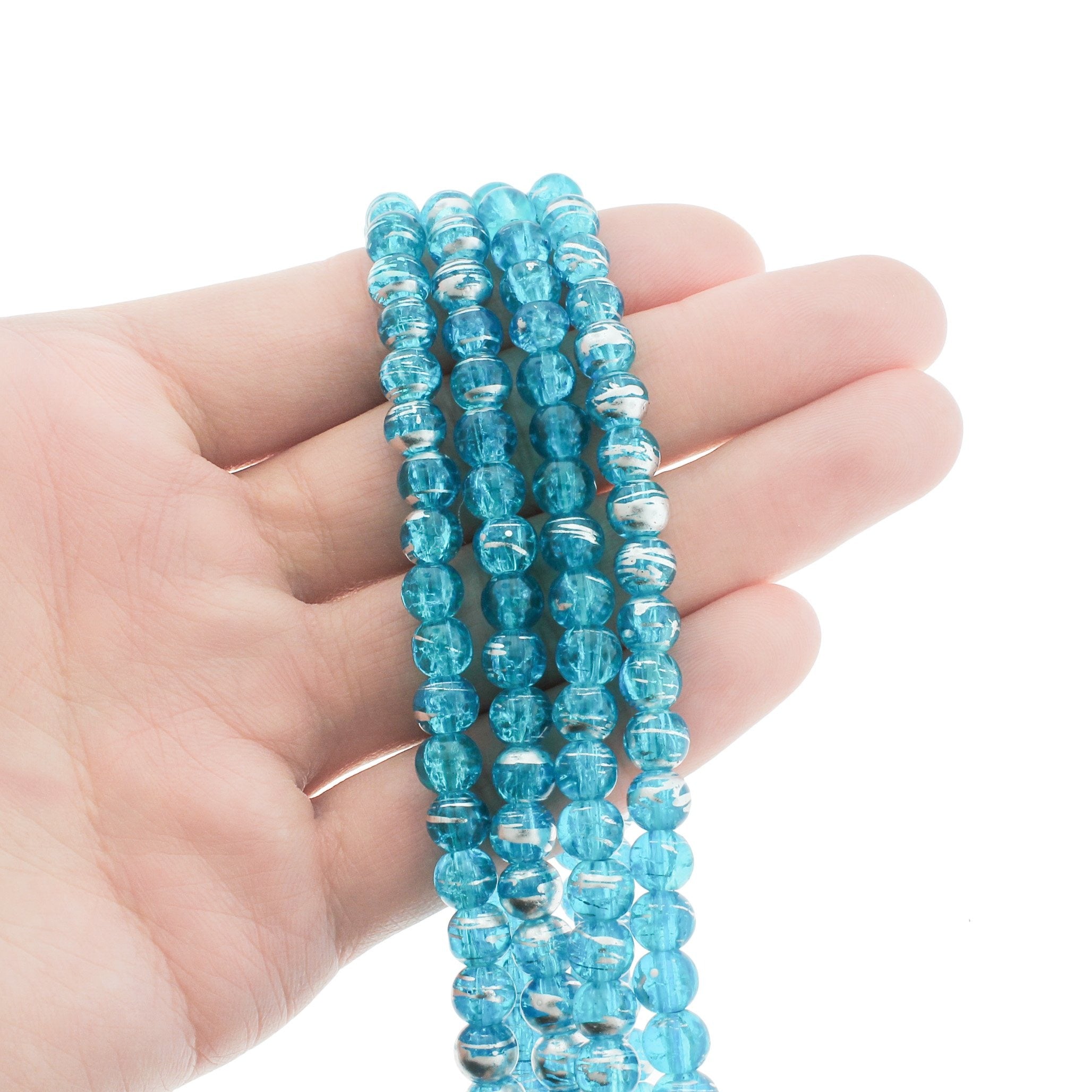 Round Glass Beads 6mm - Silver Drawbench Ice Blue Crackle - 1 Strand 140 Beads - BD2312