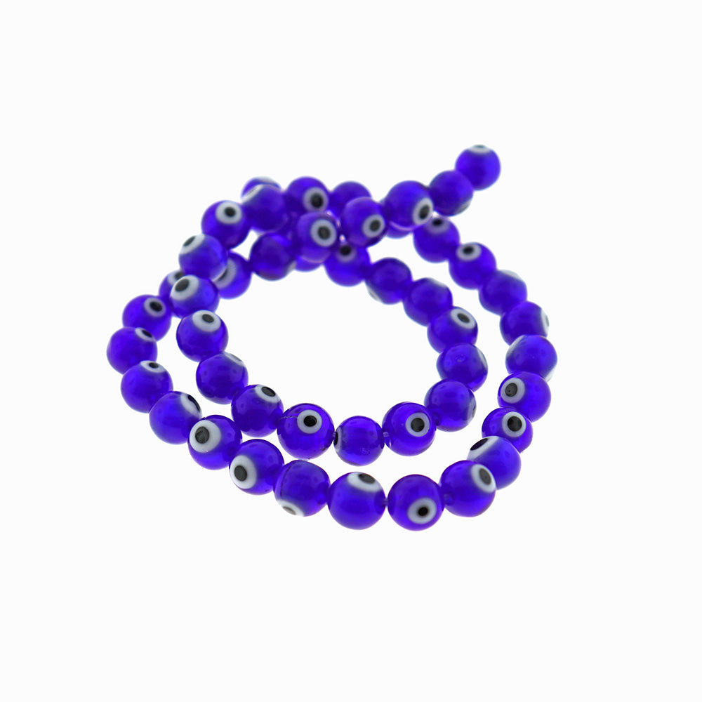 Perles de Verre Rondes 8mm - Mauvais Œil Bleu et Blanc - 1 Rang 48 Perles - BD2333