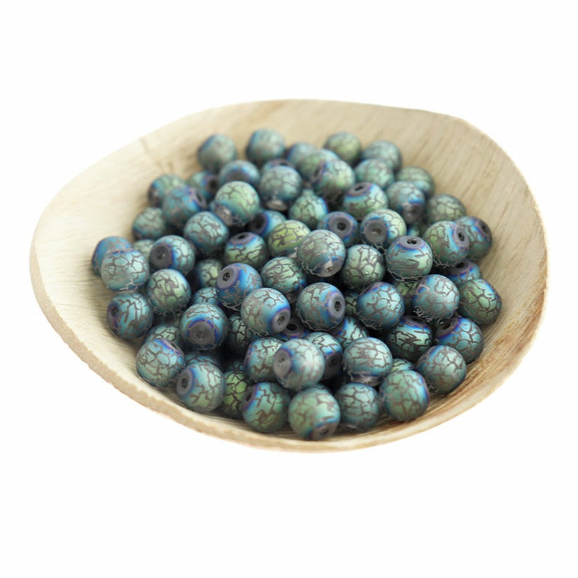 Perles de Verre Rondes 8mm - Veines Bleues Galvanisées - 25 Perles - BD464