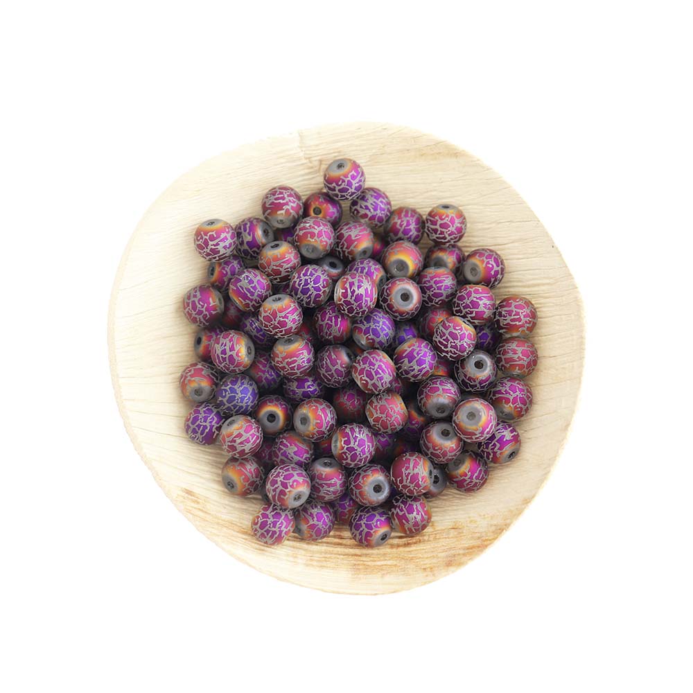 Round Glass Beads 8mm - Frosted Electroplated Crackle Pattern - 25 Beads - BD1328