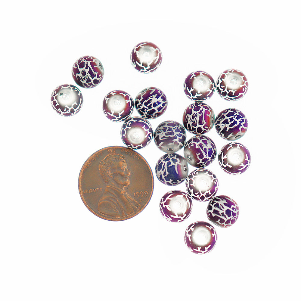 Round Glass Beads 8mm - Frosted Electroplated Crackle Pattern - 25 Beads - BD1328