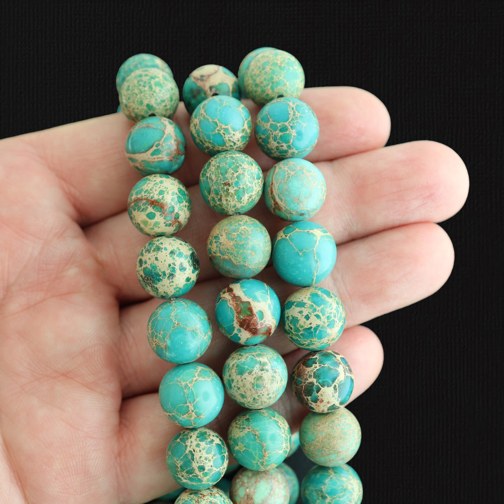 Round Impression Jasper Beads 12mm - Green and Gold Marble - 20 Beads - BD1929
