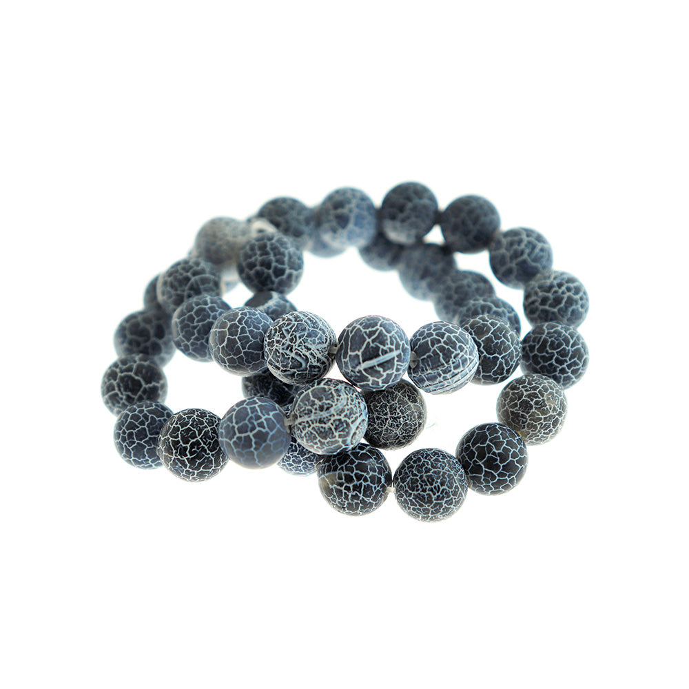 Round Natural Agate Beads 10mm - Blue Crackle - 1 Full Strand 38 Beads - BD2392