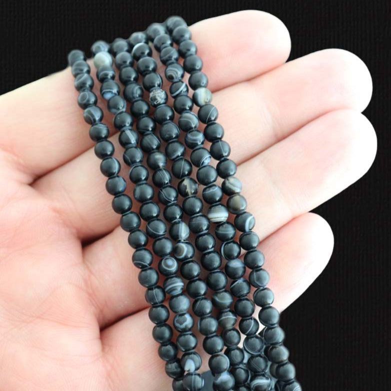 Round Natural Agate Beads 4mm - Frosted Black Marble - 1 Strand 96 Beads - BD1461