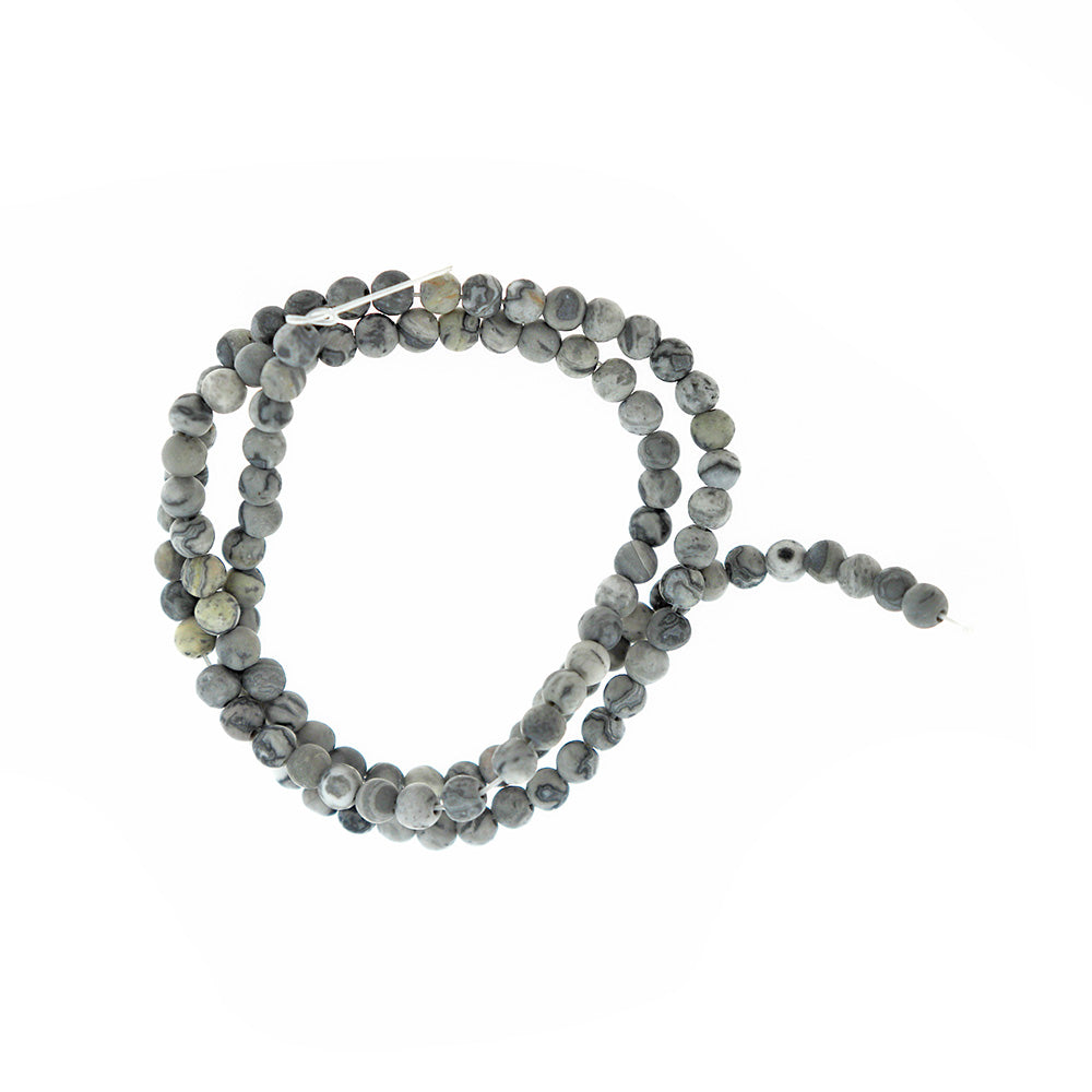 Round Natural Picasso Jasper Beads 4mm - Frosted Stormy Grey - 1 Strand 95 Beads - BD2452
