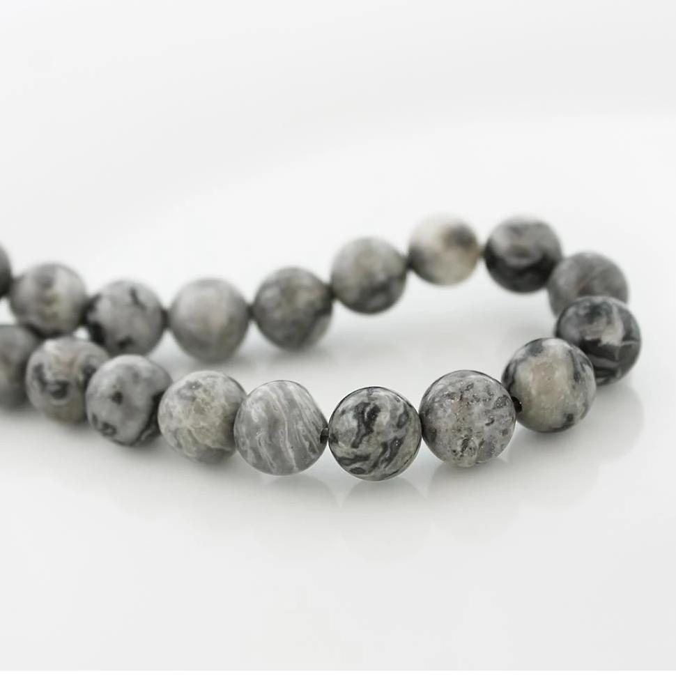 Perles rondes en jaspe naturel Picasso 6 mm - Marbre gris orageux - 1 brin 61 perles - BD745