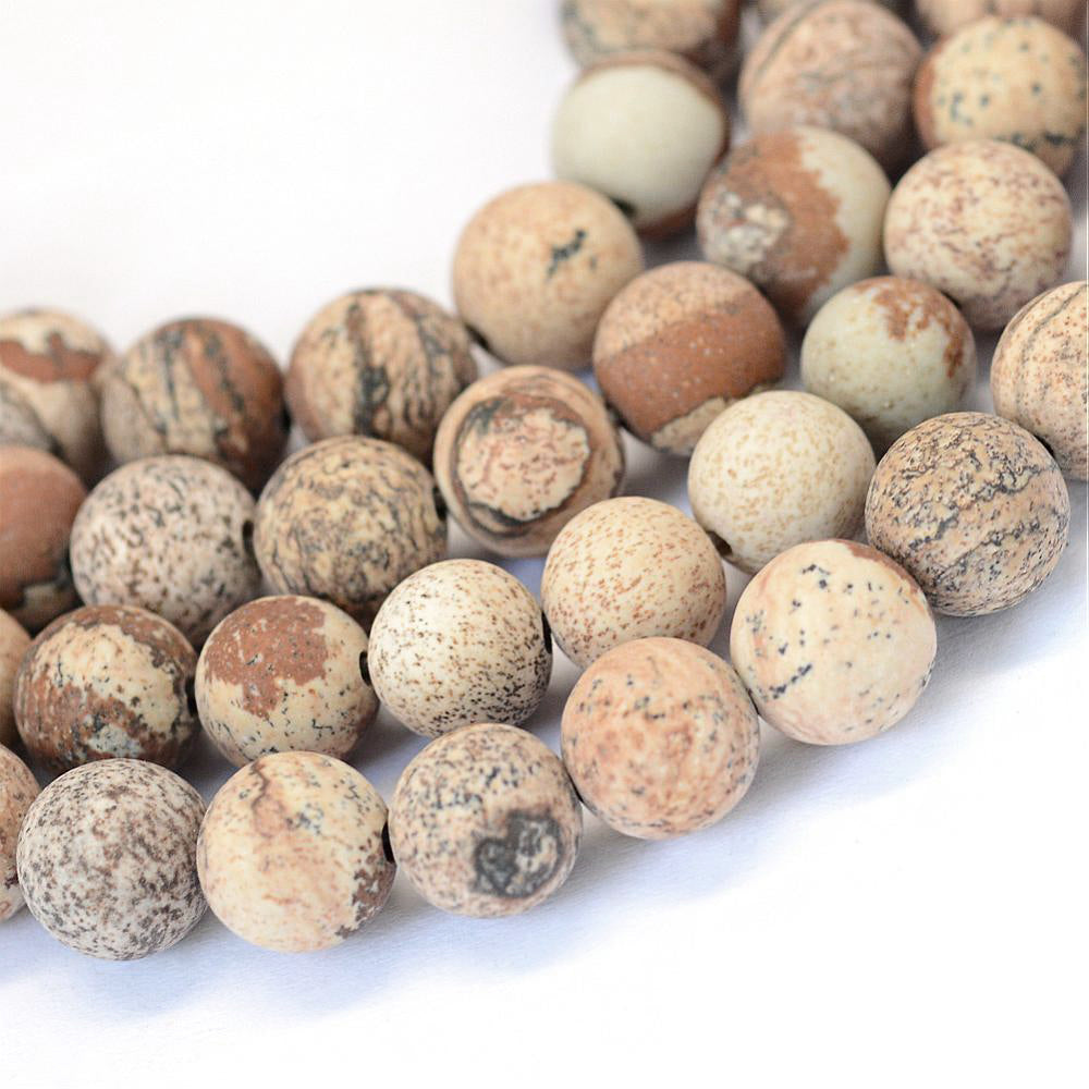 Round Natural Picture Jasper Beads 8mm - Frosted Stony Earth Tones - 1 Strand 47 Beads - BD1349