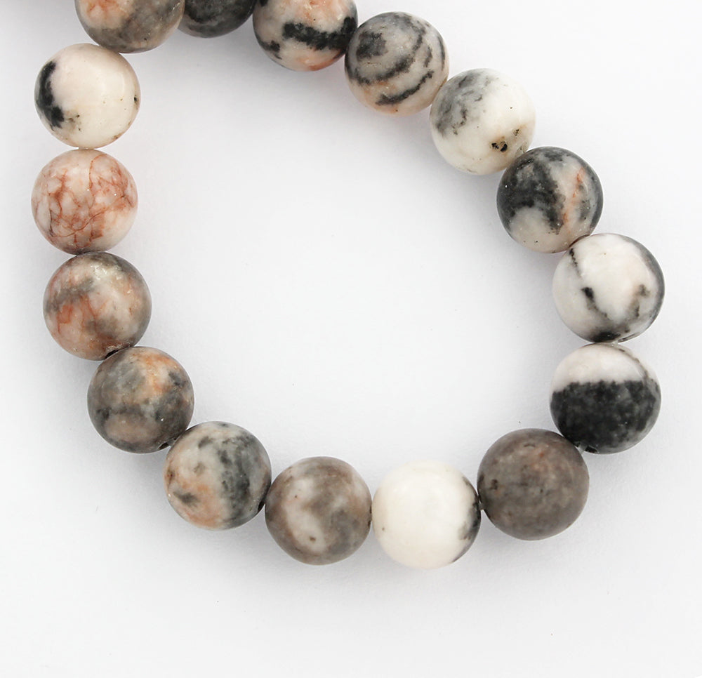 Perles rondes en jaspe zèbre rose naturel 8mm - Gris orageux et rose tendre - 1 brin 47 perles - BD779