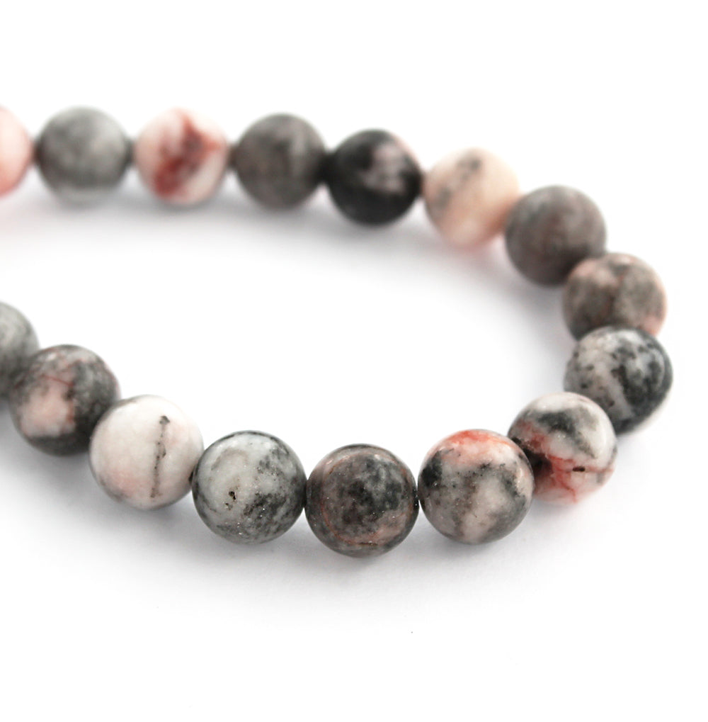 Perles rondes en jaspe zèbre rose naturel 8mm - Gris orageux et rose tendre - 1 brin 47 perles - BD779