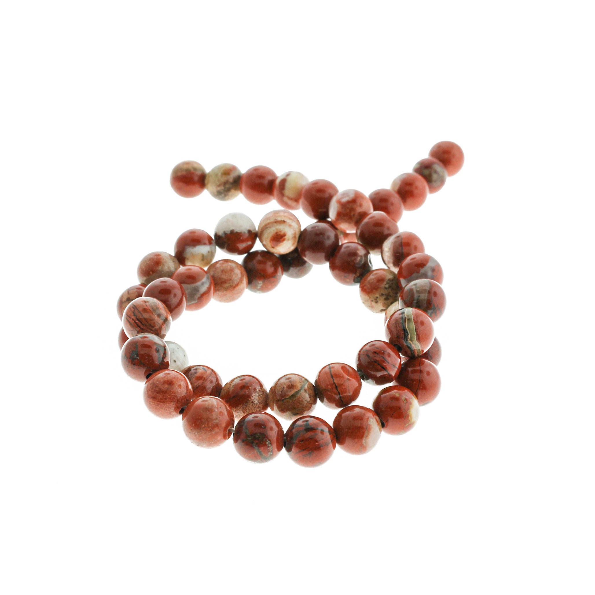 Perles rondes de jaspe rouge naturel 8mm - Rouge brique avec charbon de bois et crème - 1 brin 47 perles - BD1352