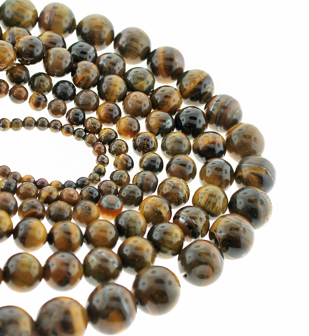 Perles rondes en oeil de tigre naturel 4mm - 14mm - Choisissez votre taille - Brun doré - 1 brin complet de 15" - BD1840