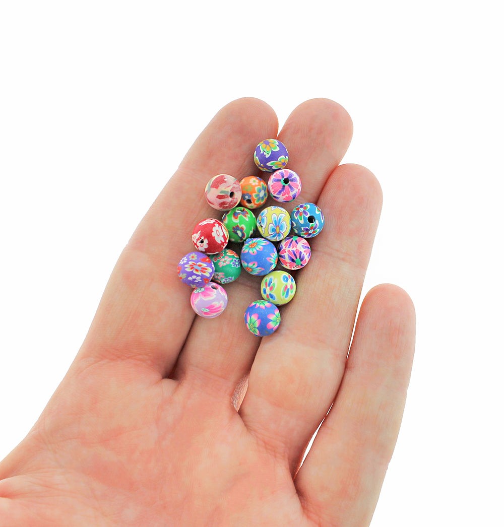 Round Polymer Clay Beads 8mm - Assorted Spring Florals - 50 Beads - BD1362