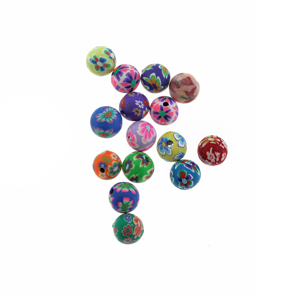 Round Polymer Clay Beads 8mm - Assorted Spring Florals - 50 Beads - BD1362