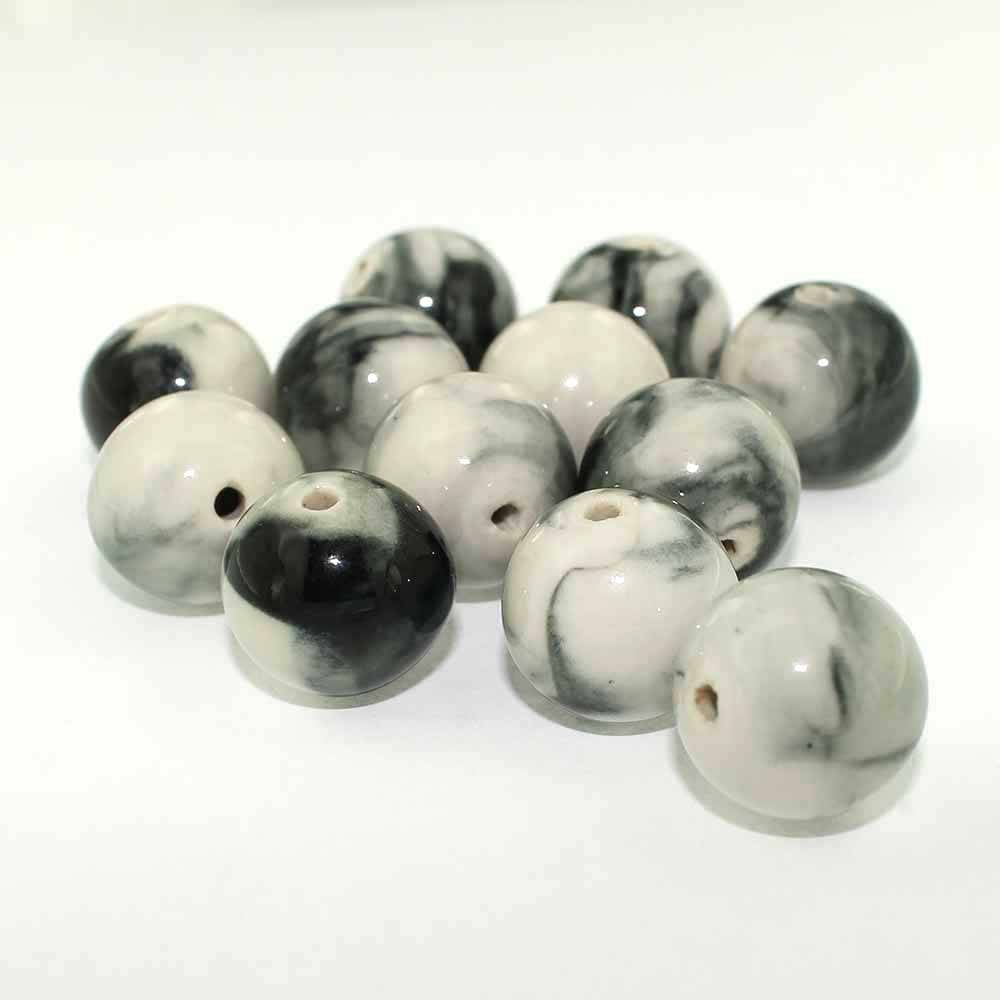 Perles Rondes en Porcelaine 19mm - Marbré Noir &amp; Blanc - 5 Perles - BD465