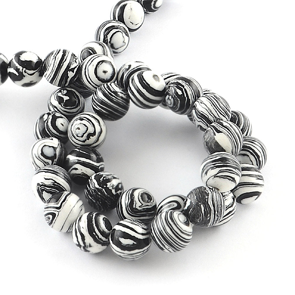 Perles de pierres précieuses synthétiques rondes 6 mm - Marbre noir et blanc - 1 brin 66 perles - BD1028