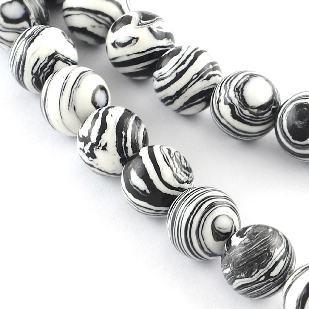Perles de pierres précieuses synthétiques rondes 6 mm - Marbre noir et blanc - 1 brin 66 perles - BD1028