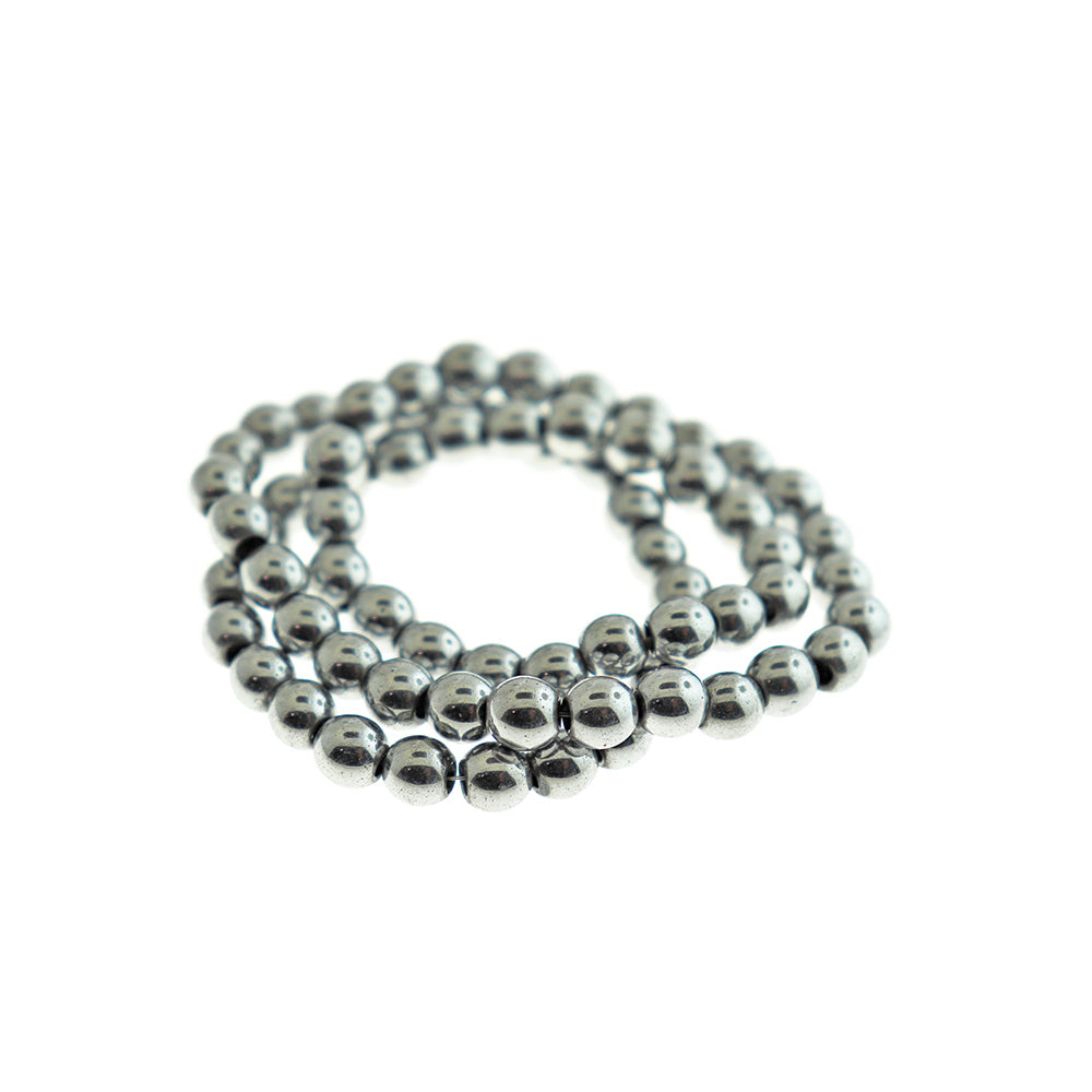 Perles Rondes en Hématite Synthétique 6mm - Argent Platine - 1 Rang 65 Perles - BD1758
